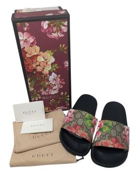 Gucci GG Web Supreme Bloom Floral Slide Sandals Size EU 38